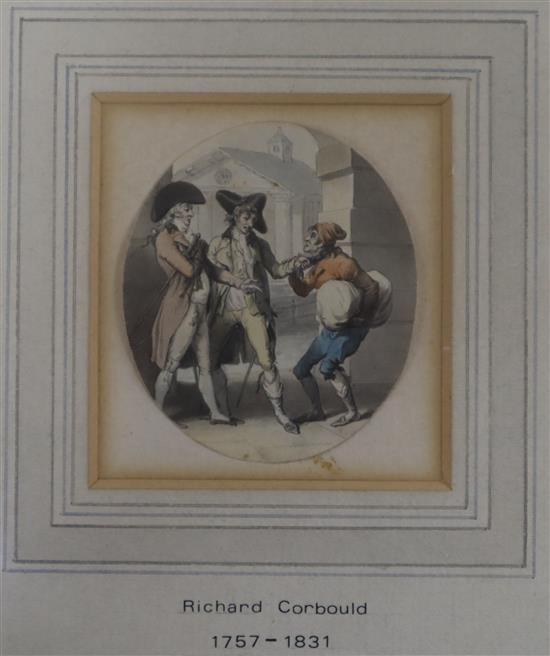 Richard Corbould (1757-1831), Street scene with figures, watercolour, oval